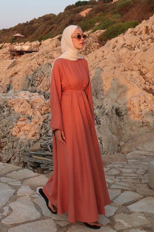 Sera 100% Linen Terracotta Dress – Relaxed Sleeves, Cinched Waist