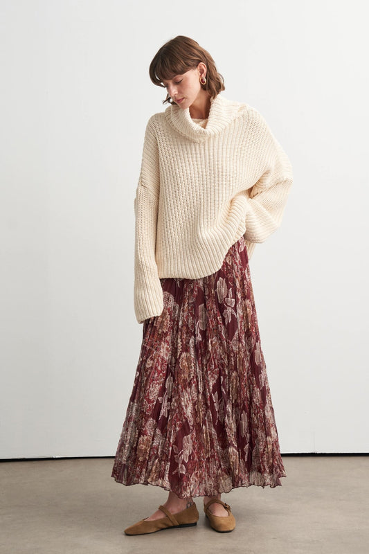 Ventura Patterned Chiffon Crush Skirt - Maroon