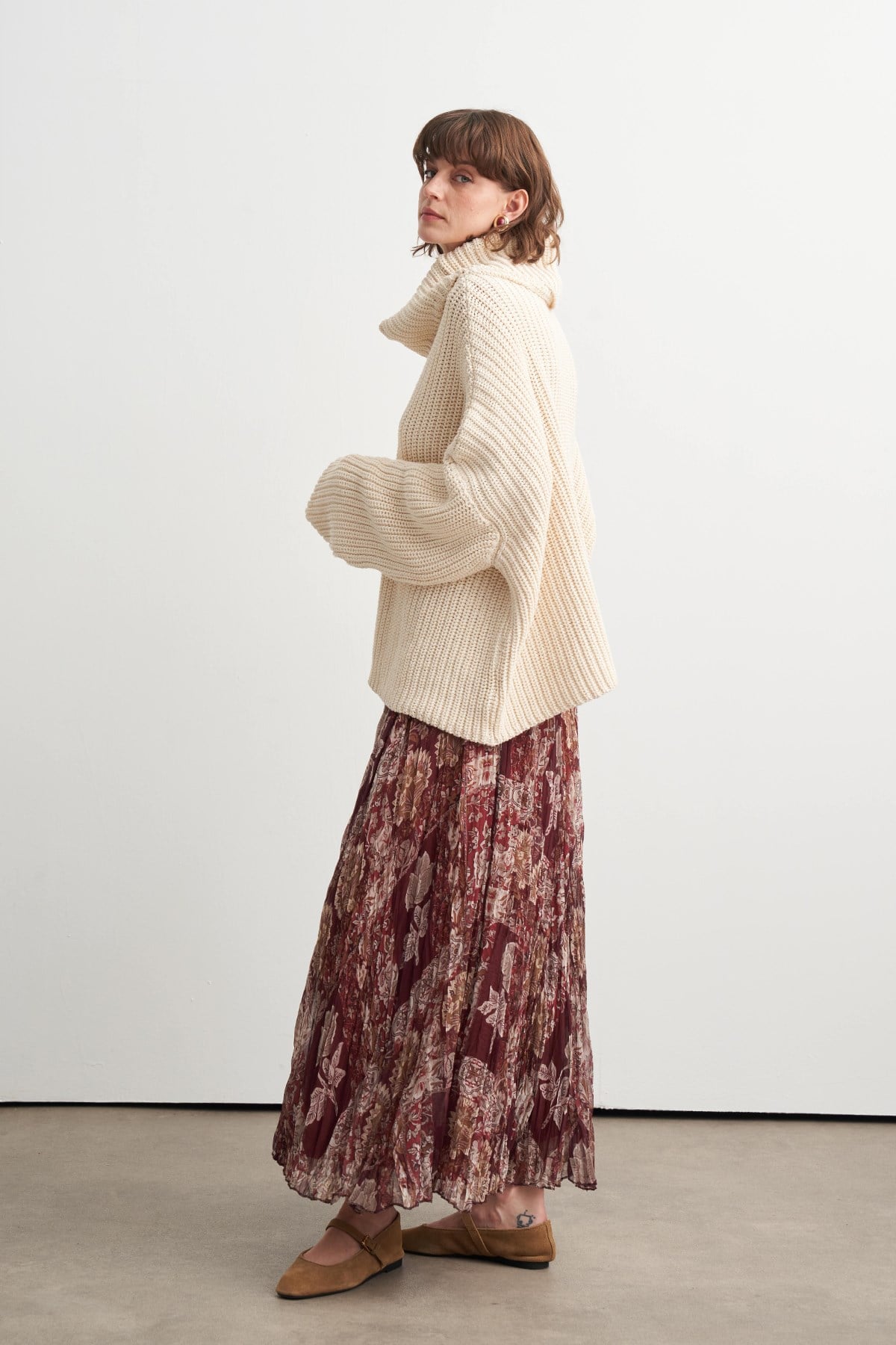 Ventura Patterned Chiffon Crush Skirt - Maroon