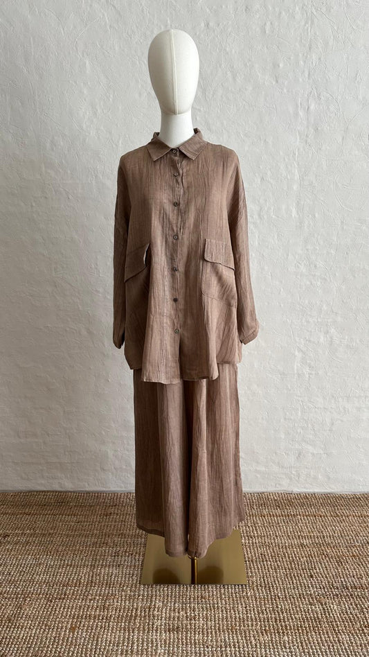 Lino Linen 2-piece Trousers-Shirt Set - Desert Brown