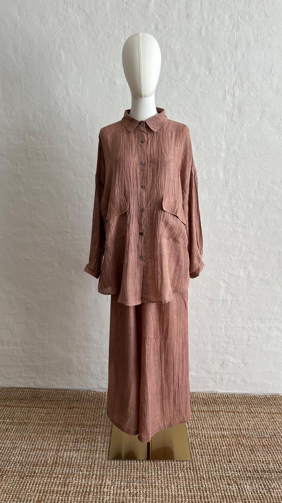 Lino Linen 2-piece Trousers-Shirt Set - Terra Cotta Rose