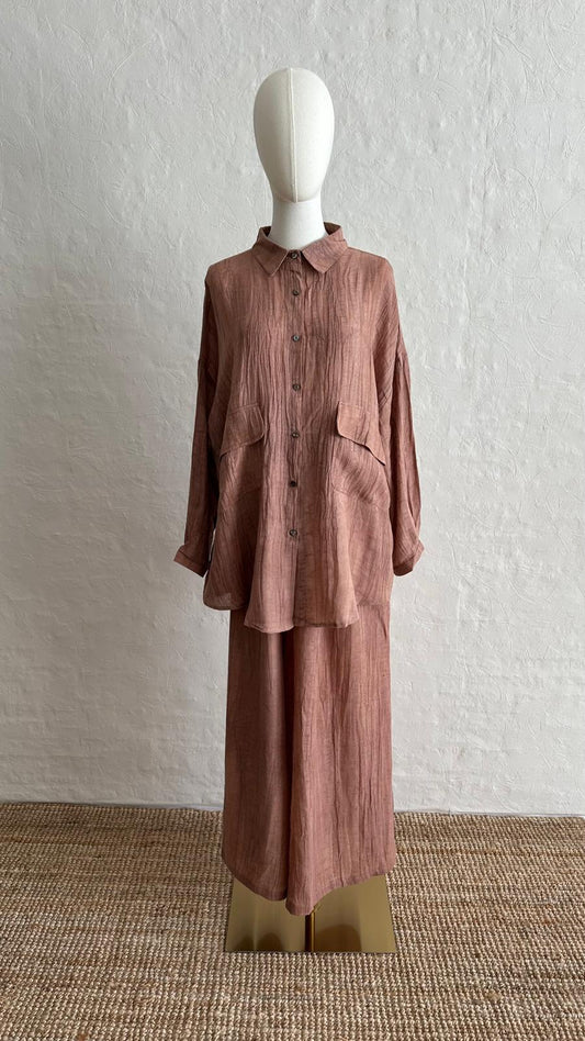 Lino Linen 2-piece Trousers-Shirt Set - Terra Cotta Rose
