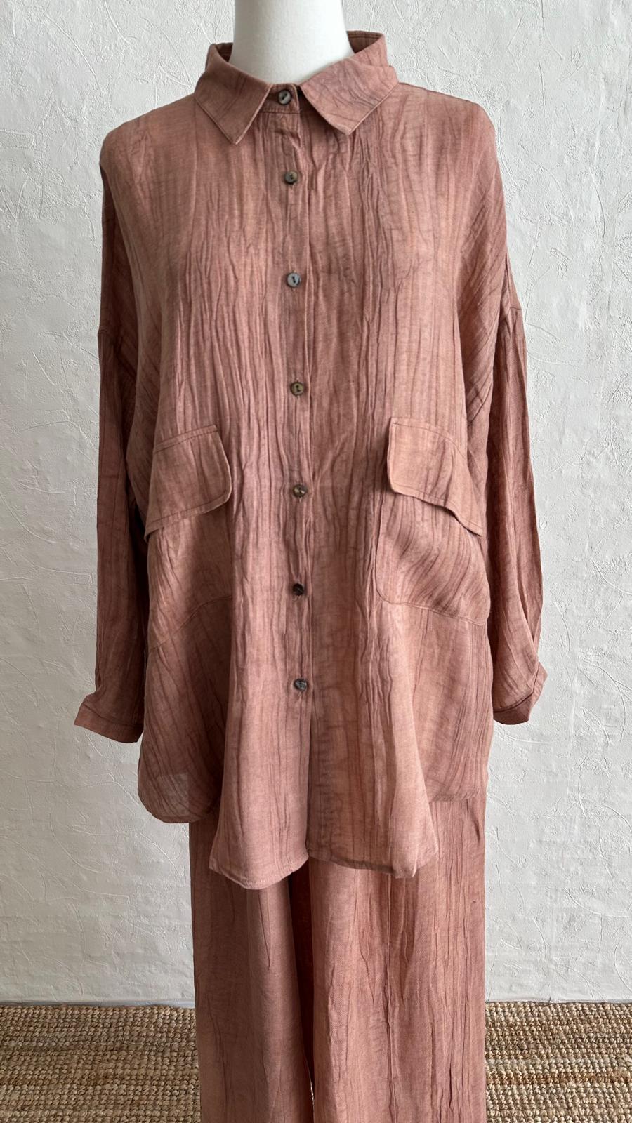 Lino Linen 2-piece Trousers-Shirt Set - Terra Cotta Rose