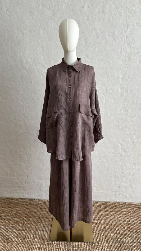 Lino Linen 2-piece Trousers-Shirt Set - Plum