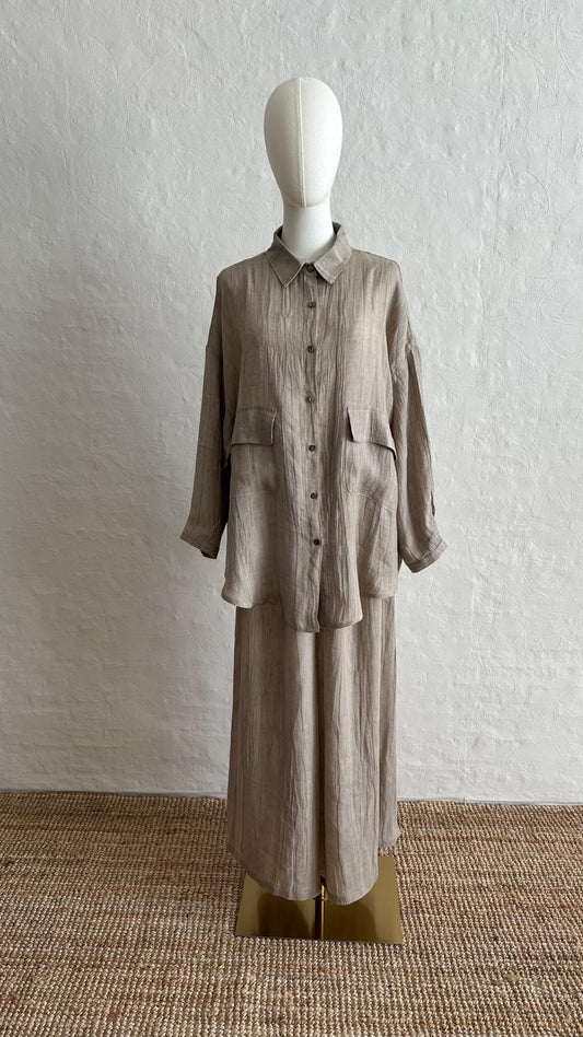 Lino Linen 2-piece Trousers-Shirt Set - Pebble