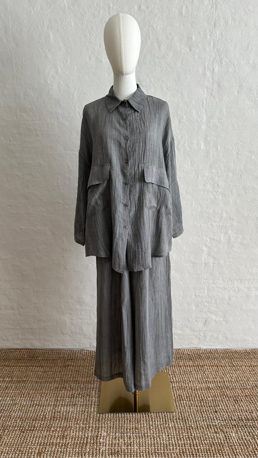 Lino Linen 2-piece Trousers-Shirt Set - Gray