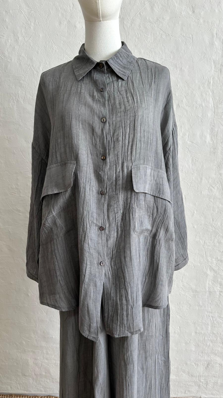 Lino Linen 2-piece Trousers-Shirt Set - Gray