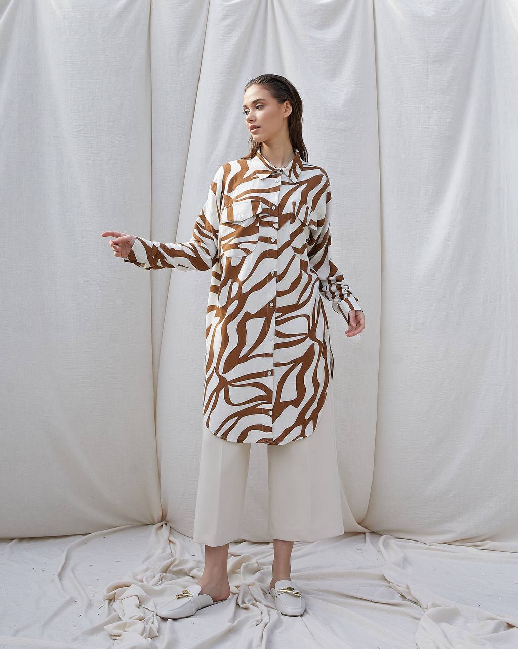 Light Brown Zebra Patterned Button Linen Long Shirt