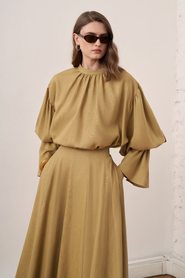 Bellora Gathered Sleeve Linen Blouse - Olive