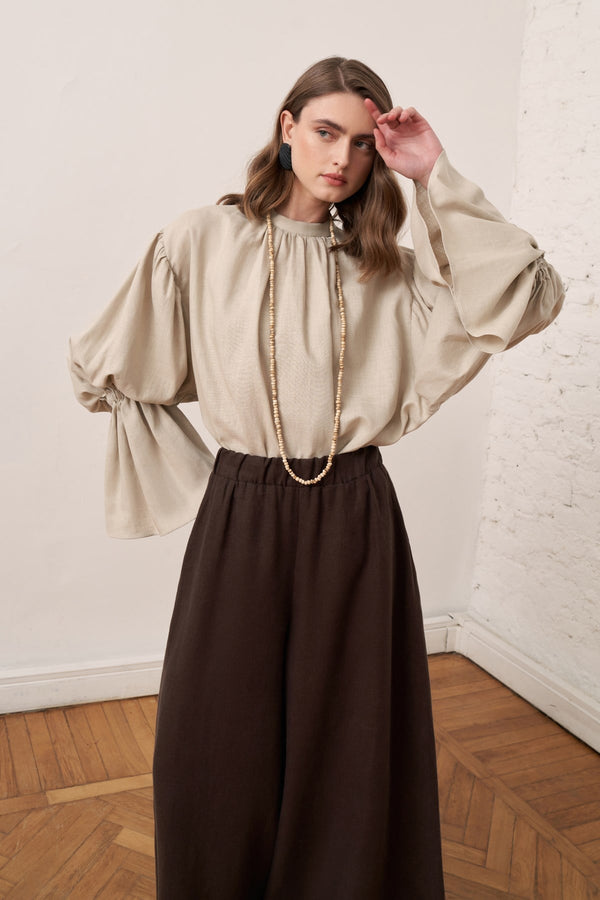 Bellora Gathered Sleeve Linen Blouse - Stone