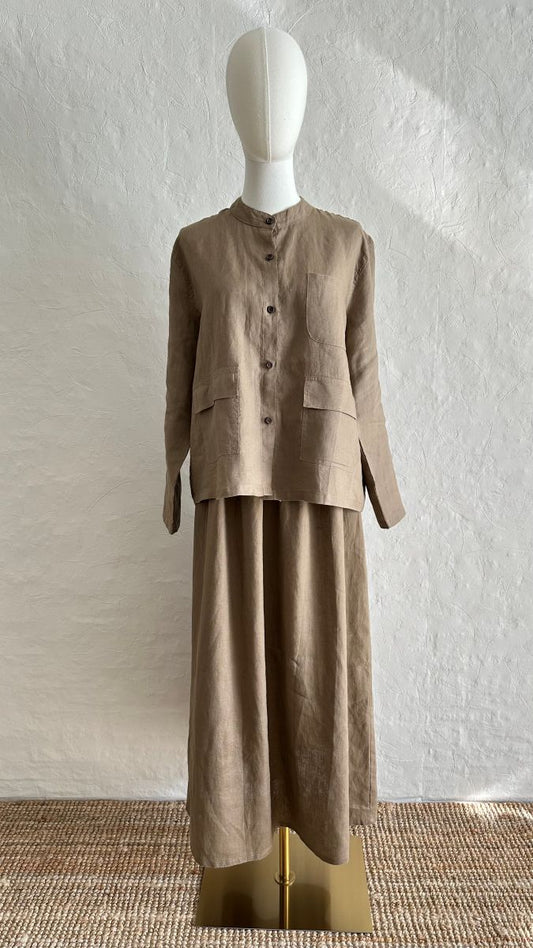 100% Linen 2-Pieces Top & Skirt Set - Desert Brown