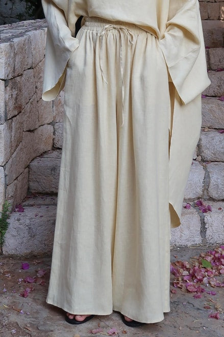 Noor Pants – 100% Linen Wide-Leg Trousers in Butter | Breathable, Modest Fit
