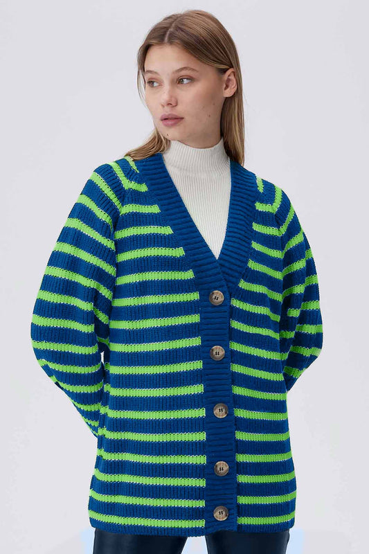 STRIPED LONG KNIT CARDIGAN - SAX BLUE