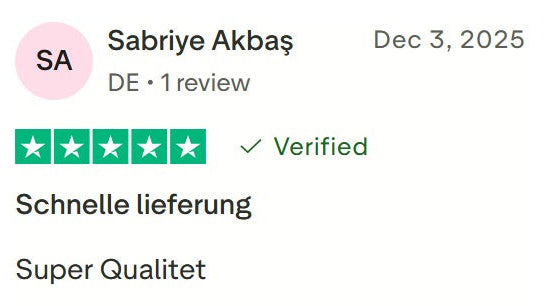 Verified review with star rating and text on a white background