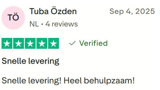 Product review with a five-star rating and verified badge on a white background