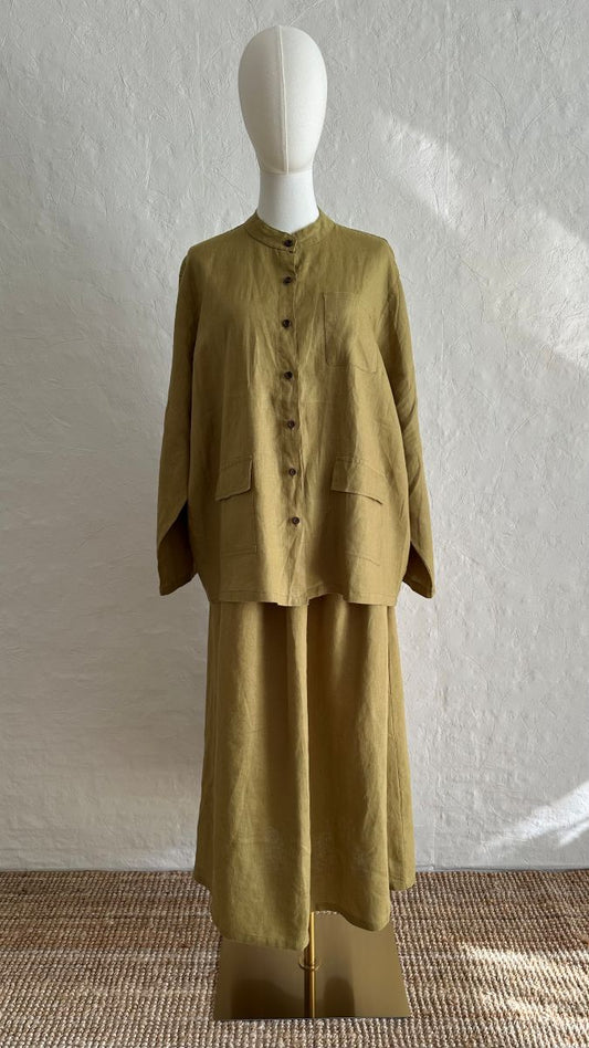100% Linen 2-Pieces Top & Skirt Set -Khaki  Green