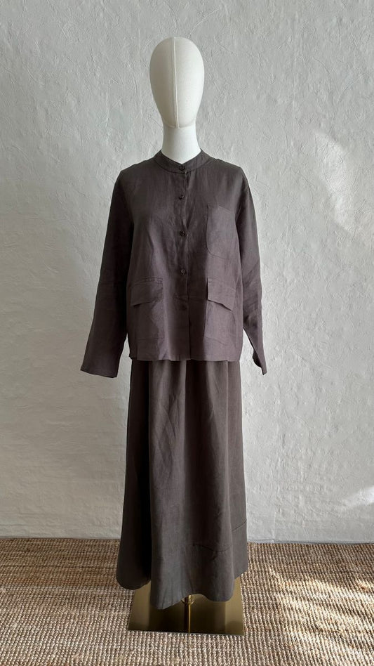 100% Linen 2-Pieces Top & Skirt Set - Dark Grey