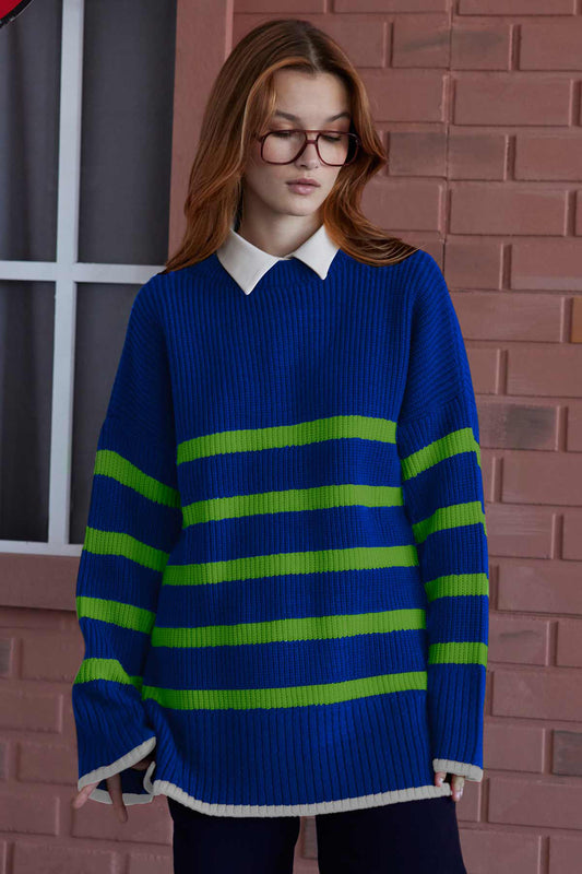 RIBBED STRIPED KNIT SWEATER - SAX BLUE