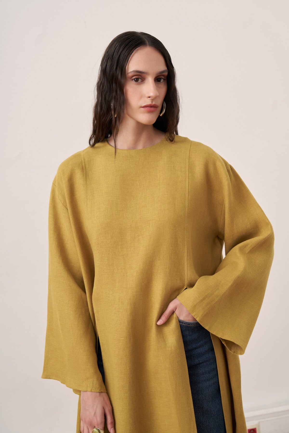 Leman Linen Long Blouse - Olive