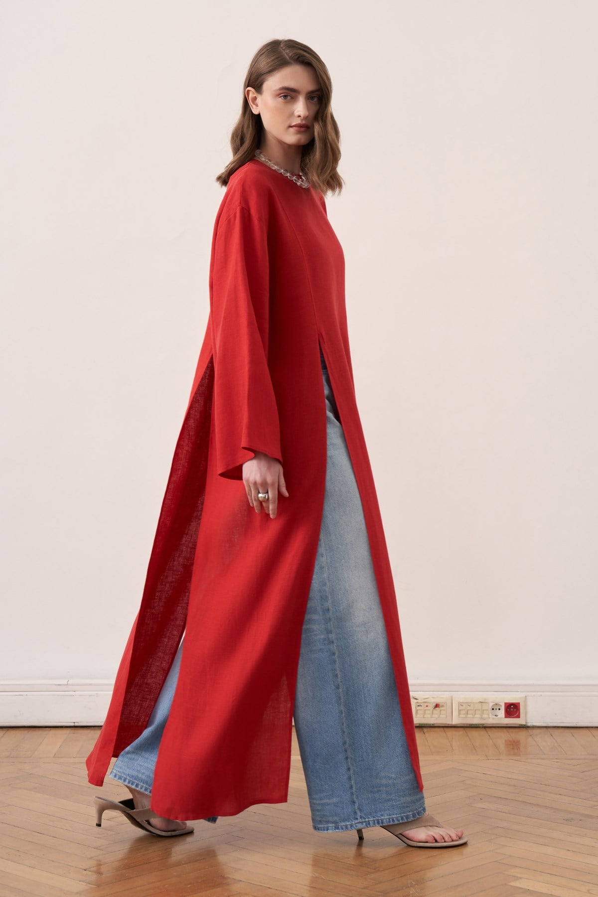 Leman Linen Long Blouse - Red