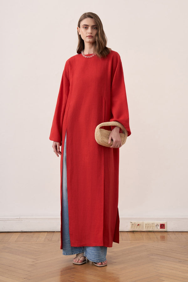 Leman Linen Long Blouse - Red