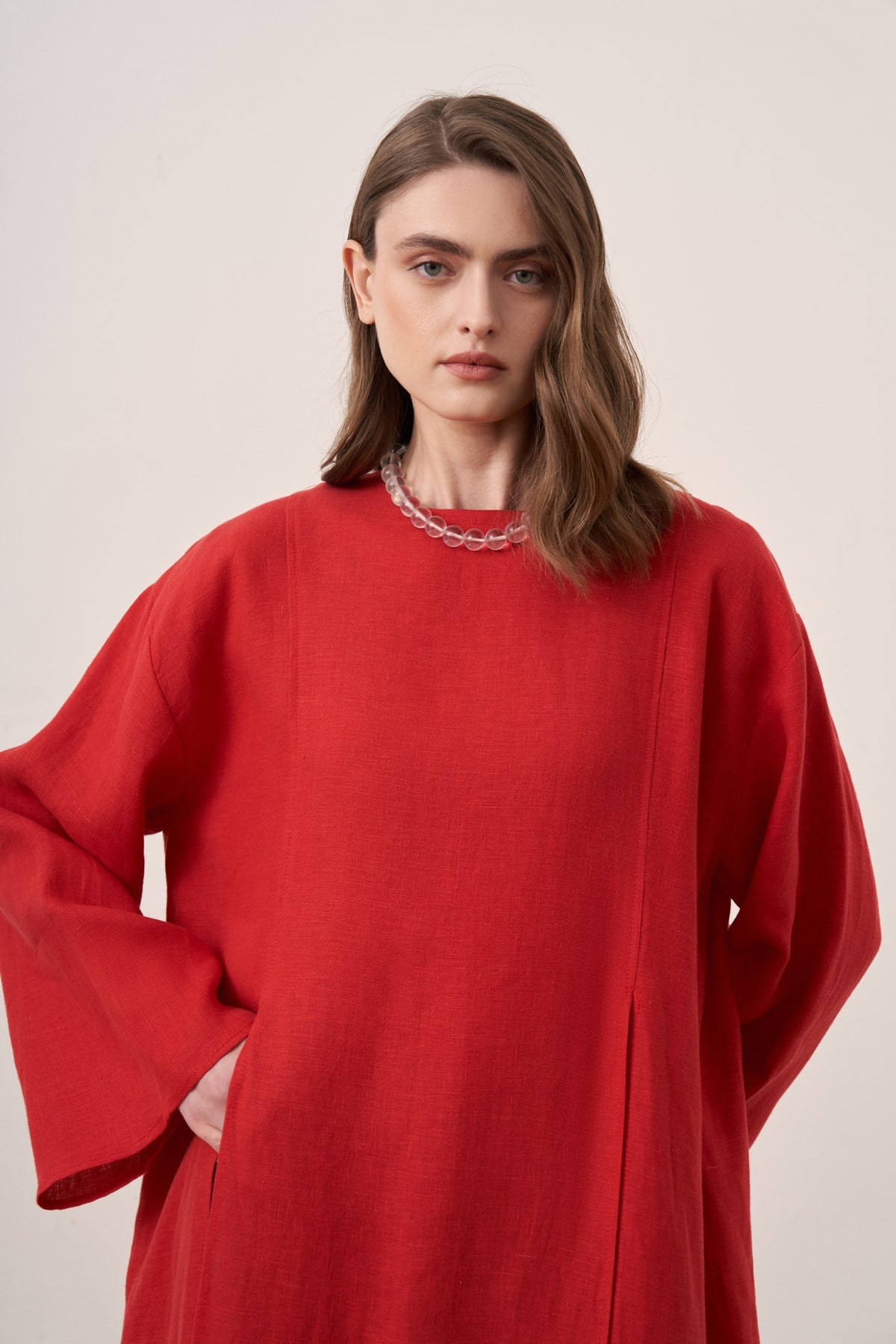 Leman Linen Long Blouse - Red