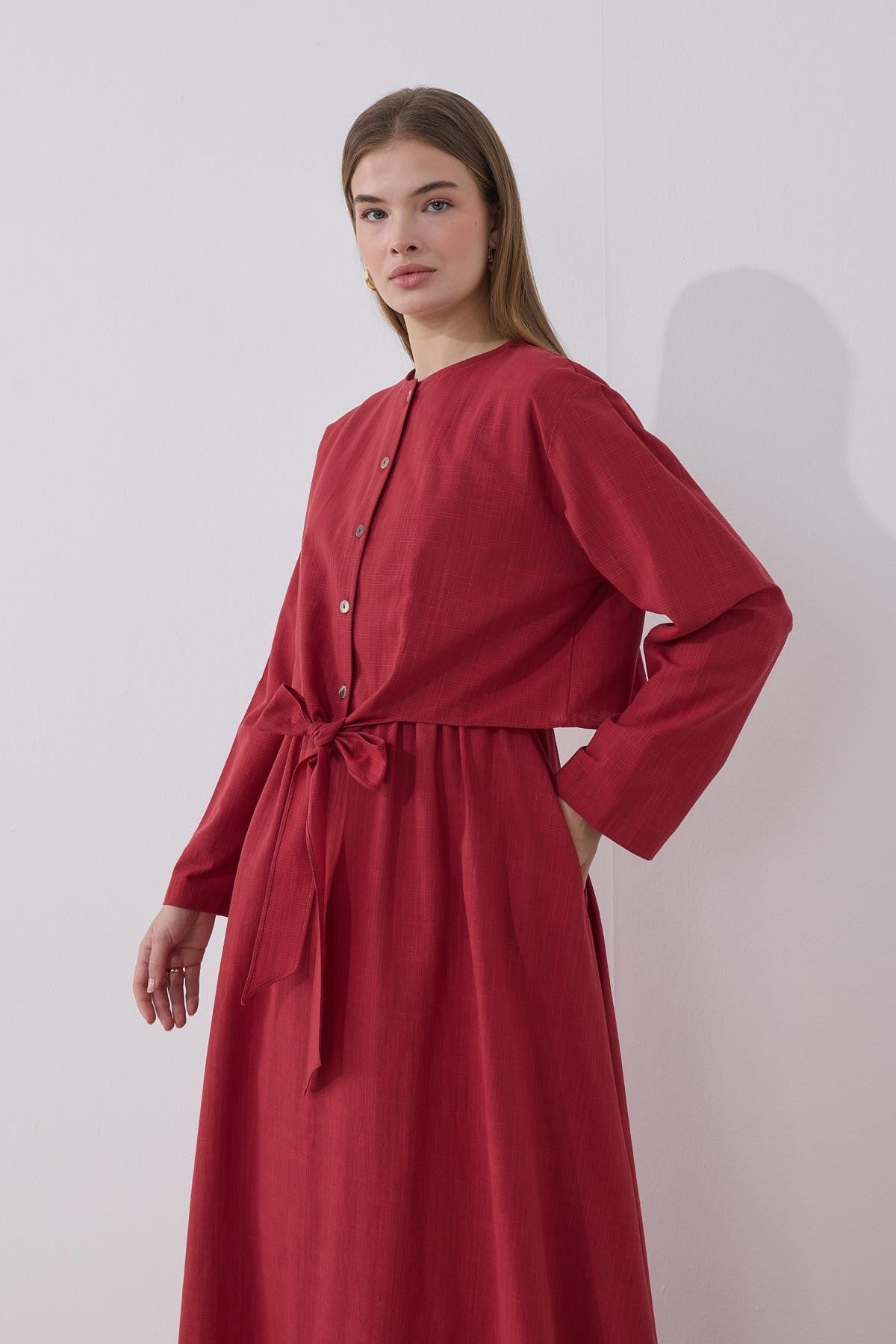 Lotus 2 Piece Set Linen Dress - Cherry