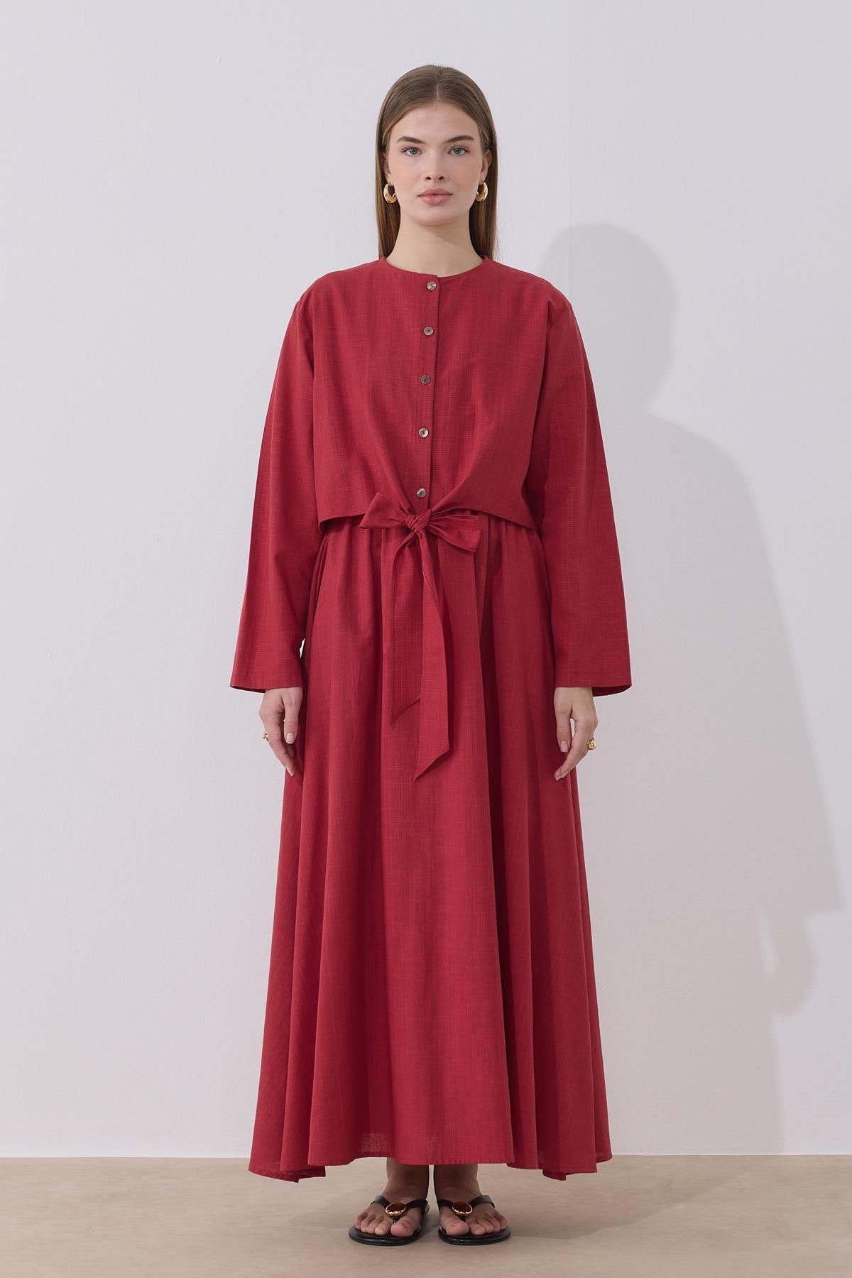 Lotus 2 Piece Set Linen Dress - Cherry