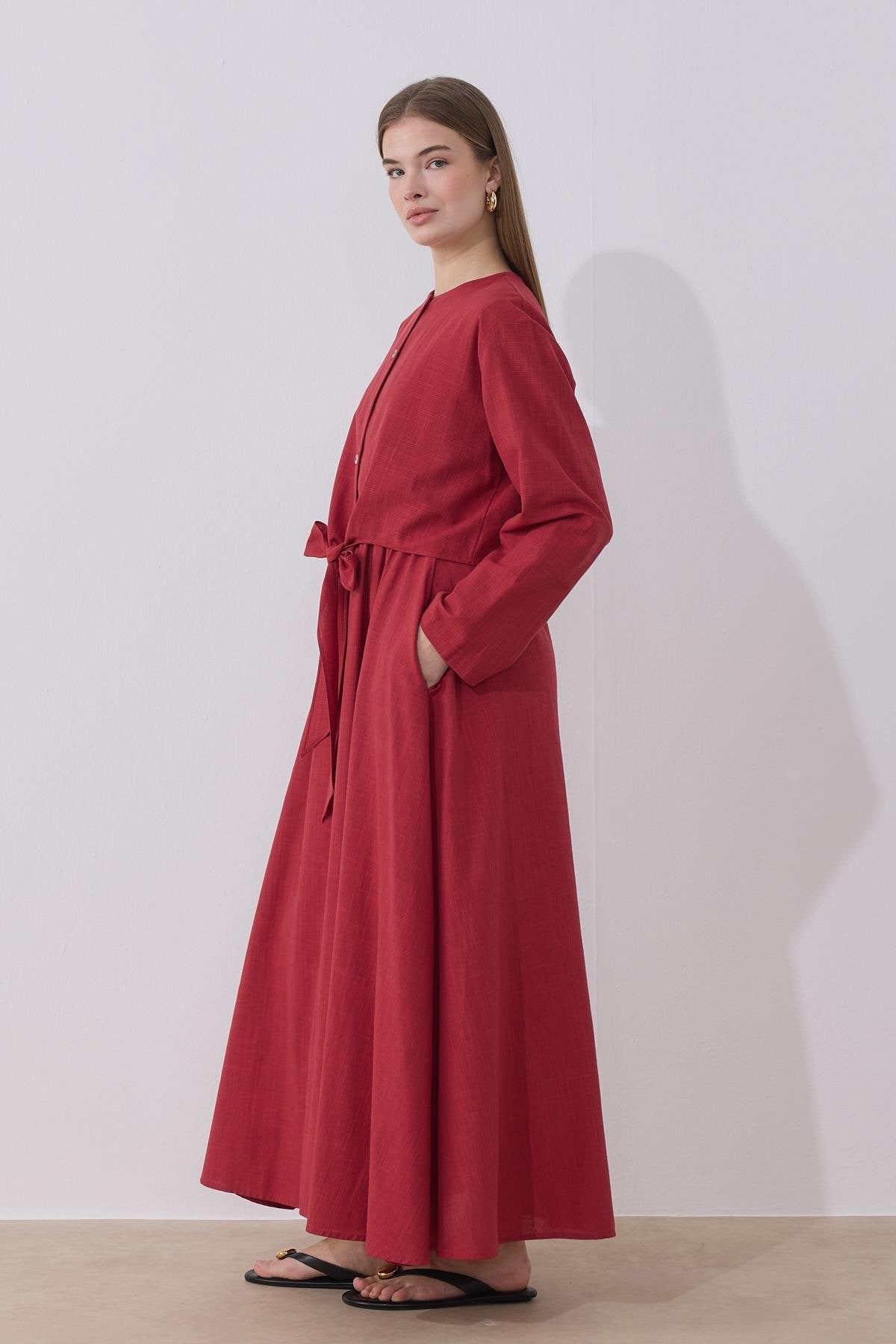 Lotus 2 Piece Set Linen Dress - Cherry