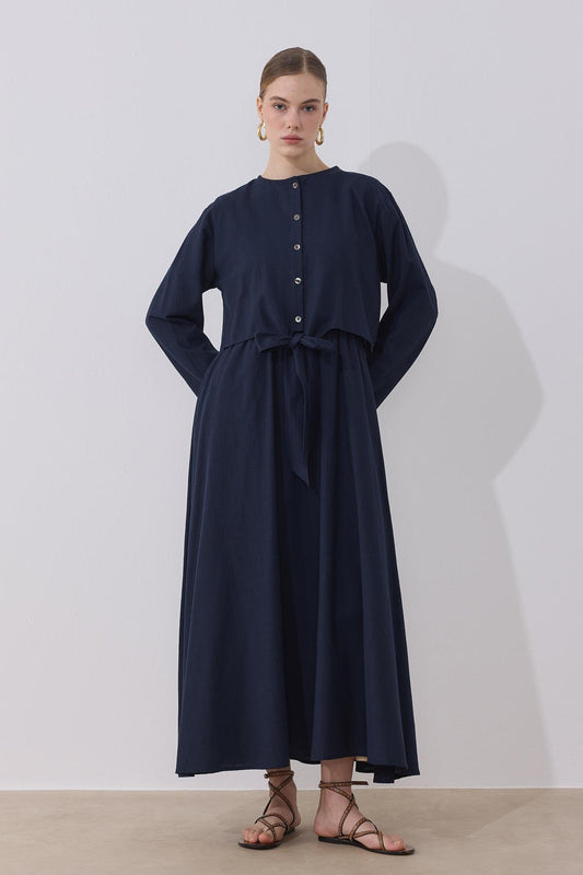 Lotus 2 Piece Set Linen Dress - Navy Blue