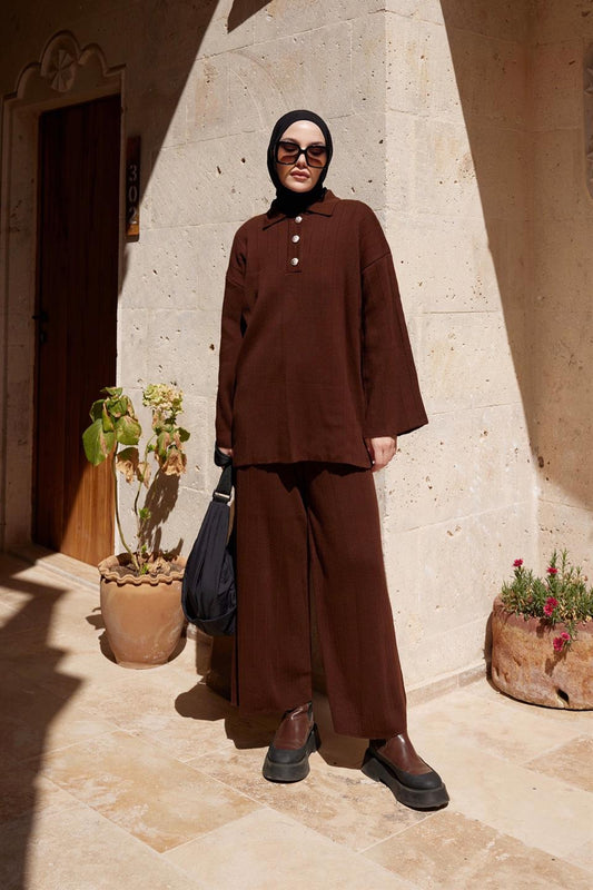 BROWN - KNITTED TOP & TROUSER SET
