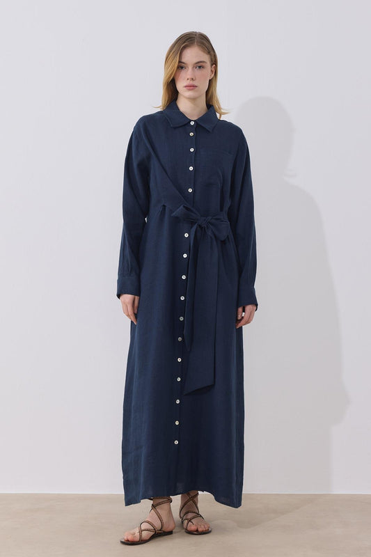 Mira %100 Linen Dress - Navy Blue