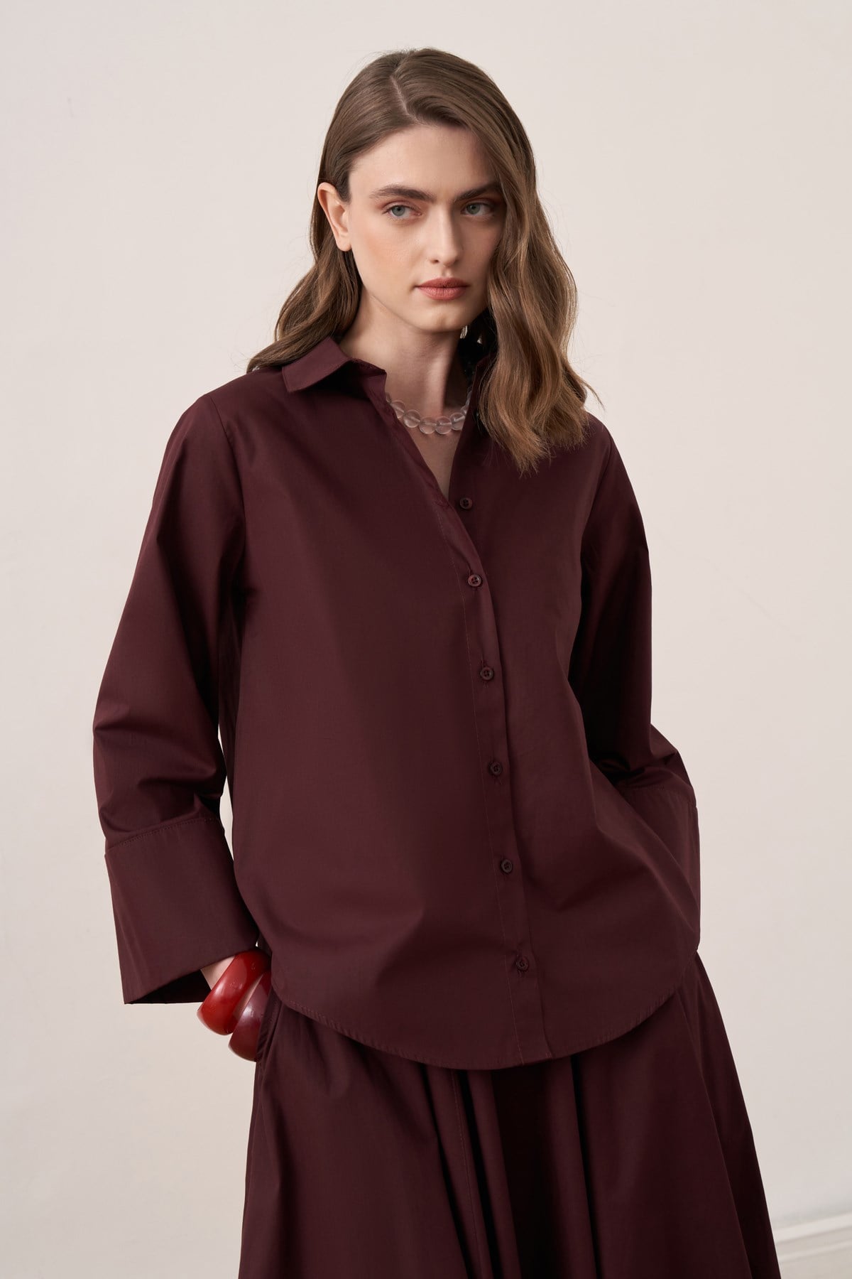 Salina Cotton 2-piece Shirt & Skirt Set - Burgundy