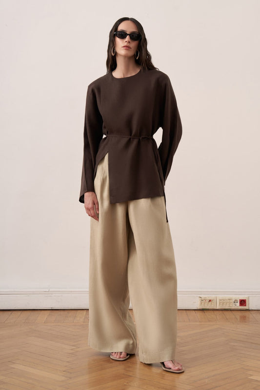 Solmar Belted Linen Blouse - Dark Brown