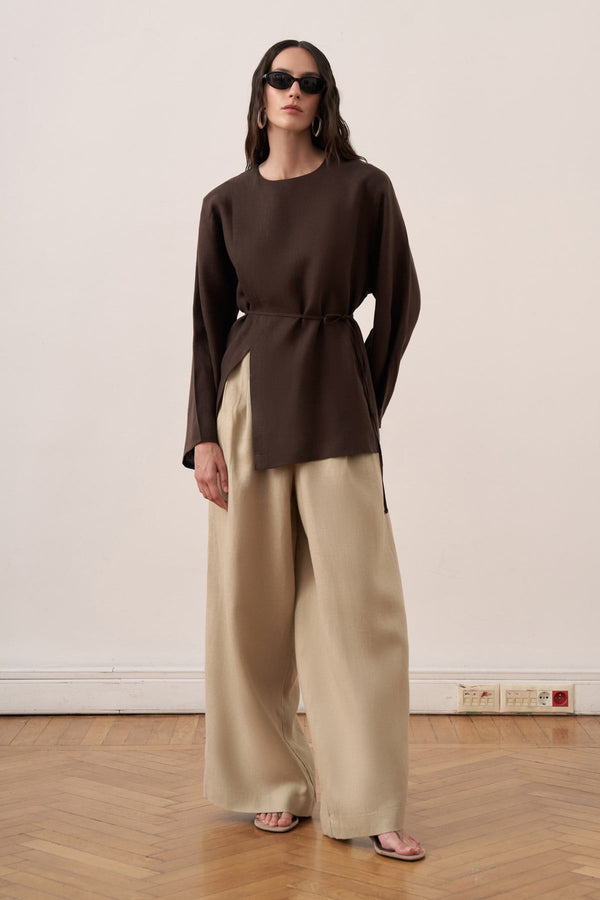 Solmar Belted Linen Blouse - Dark Brown