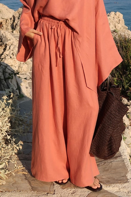 Noor Pants – 100% Linen Wide-Leg Trousers in Terracotta | Breathable, Modest Fit