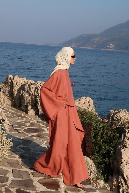 Noor Pants – 100% Linen Wide-Leg Trousers in Terracotta | Breathable, Modest Fit