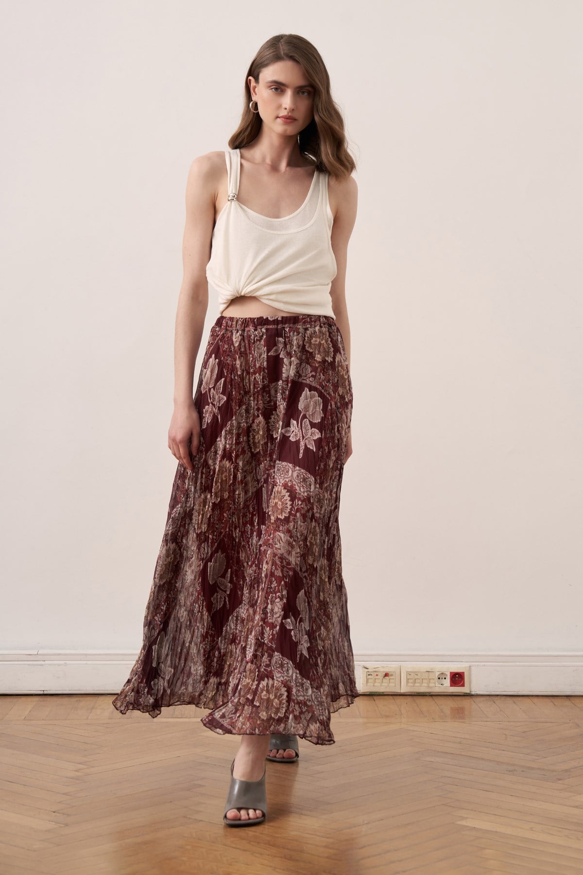 Ventura Patterned Chiffon Crush Skirt - Maroon