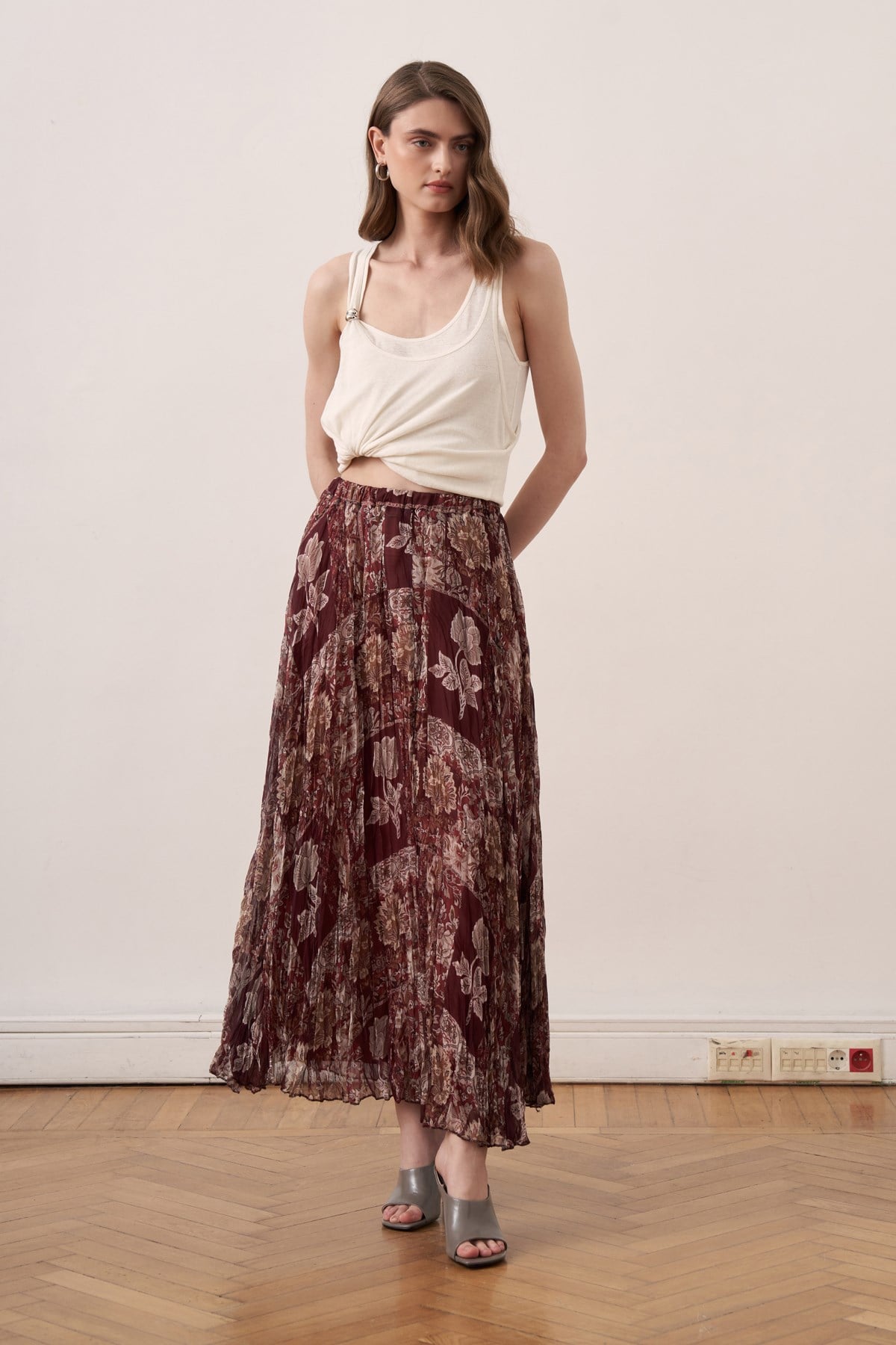 Ventura Patterned Chiffon Crush Skirt - Maroon