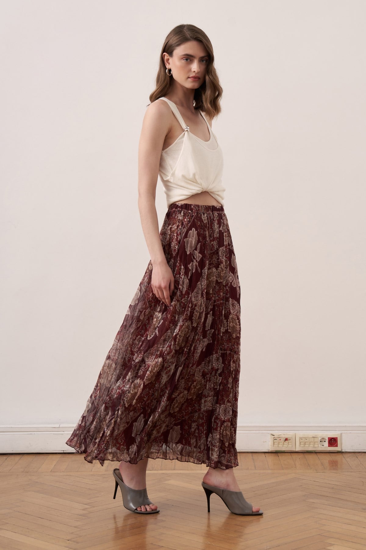 Ventura Patterned Chiffon Crush Skirt - Maroon